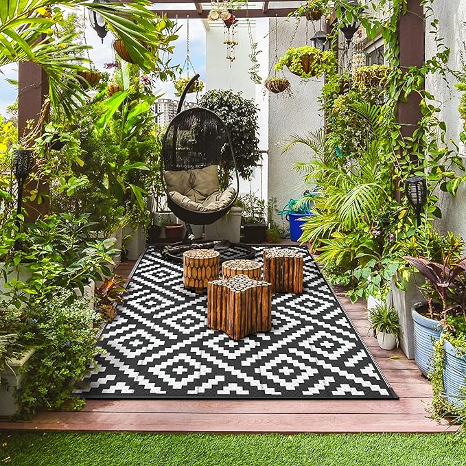 GENIMO Outdoor Rug for Patio Clearance,6'x9' Waterproof Mat,Reversible Plastic Camping Rugs,Rv,Deck,Porch,Camper,Balcony,Backyard,Black & White