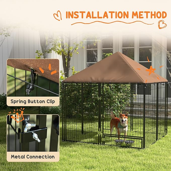 PawHut Outside Dog Kennel, 4.6' x 4.6' x 5' Puppy Play Pen with Canopy, Garden Playpen Fence Crate Enclosure Cage Rotating Bowl, for Dogs, Chickens, Ducks, Black