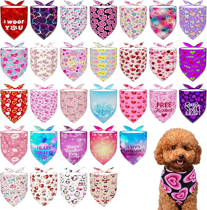 30 Pack Valentines Day Dog Bandanas Bulk for Small Dogs Kittens Breed 18 Inch Adjustable Valentine's Day Dog Bandanas XS Scarves Party Grooming S