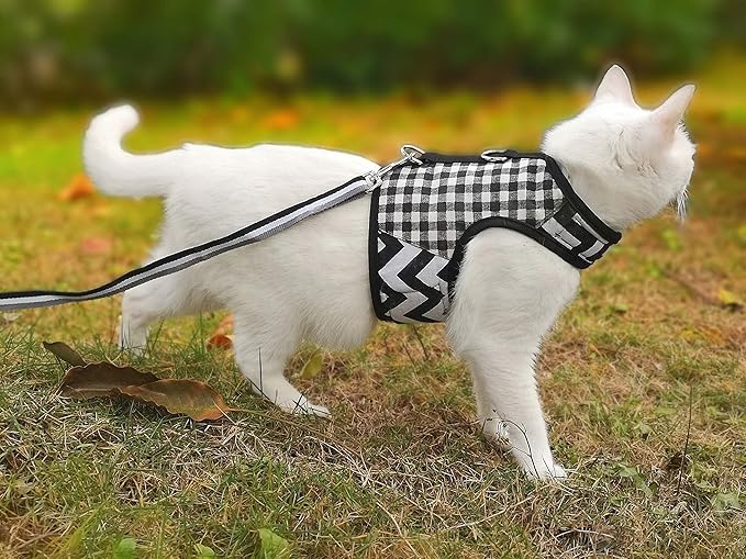 Cat Harness and Leash for Walking Escape Proof, Adjustable Cat Vest Harness, Padded Stylish Cat Walking Jackets, Black Plaid, Small
