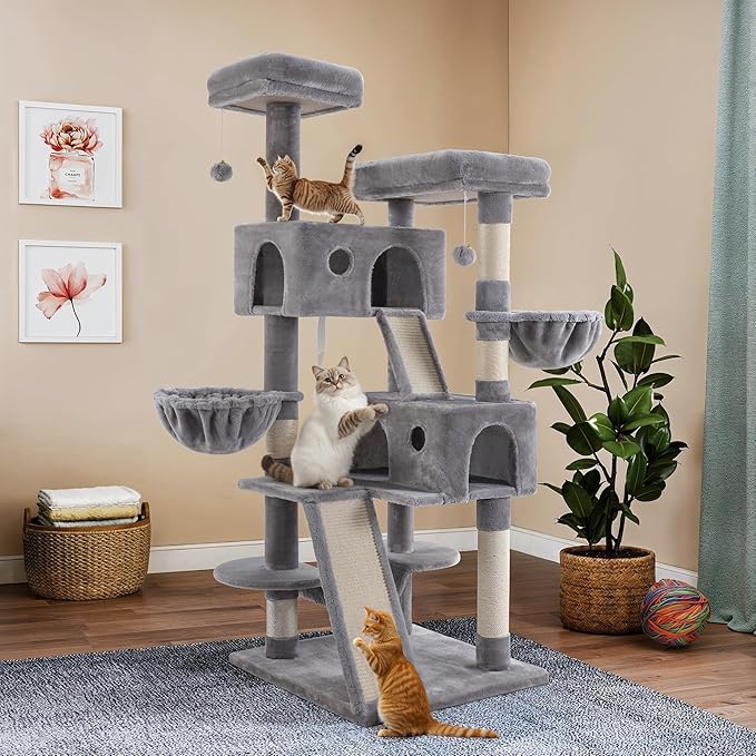 WEEWAY Cat Tree Tower for Indoor Cats,65'' Multi-Level Cat Furniture Activity Center,Stand House Condo Cave,Sisal Scratching Posts Ramps,Plush Perches Platforms Basket Hammock,Grey