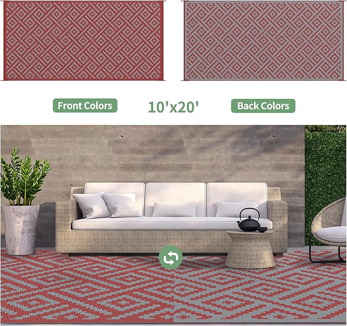 GENIMO Outdoor Rug for Patio Clearance, 10'x20' Reversible Plastic Straw Rugs, Lightweight Waterproof RV Camping Mat for Camper, Balcony, Deck, Backyard, Picnic, Red Grey