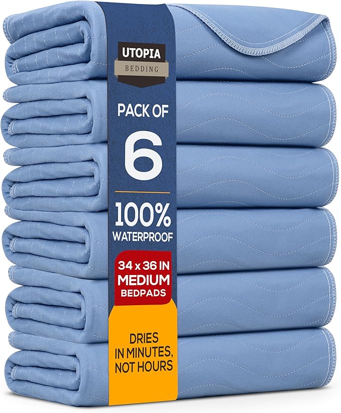Utopia Bedding Washable Underpads 34" x 36" (Pack of 6), Waterproof Reusable Heavy Absorbency Incontinence Bed Pads for Adults, Kids, Elderly and Pets, Bedwetting Pads for Sofa and Couch (Blue)