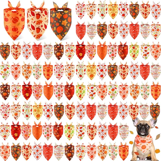 Chunful 100 Pieces Thanksgiving Dog Bandanas Bulk Fall Autumn Pet Bandanas with Pumpkin Patterns Triangle Scarf Bib Kerchief Set for Small Large Dog Costume Accessories (25.6 x 17.7 x 17.7)