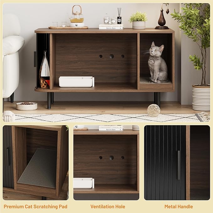 Cat Litter Box Enclosure with Cat Scratch Pad, Sliding Door, 37.4" Litter Box Enclosure Furniture Hidden Litter Box, Modern Indoor Cat House, TV Stand, Side End Table for Living Room, Black