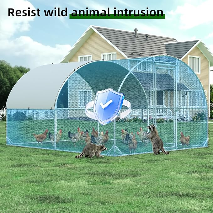 Large Metal Chicken Coop, Walk-in Chicken Run with Reinforced Wire Mesh and Anti-UV Cover, Dome Roofed Poultry Cage for Hens, Ducks and Rabbits, Outdoor Backyard Farm Pen, 9.5'W x 12.9'L x 6.3'H