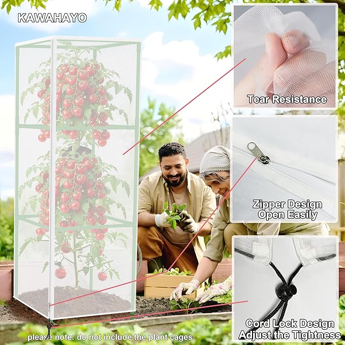 Garden Bird Netting Plant Cover for Square Tomato Cage, 59" x 17.7" Insect Barrier Tomato Cage Net with Zipper and Drawstring, Tomato Trellis Netting Protection Cover for Protecting Plant (3 Pack)