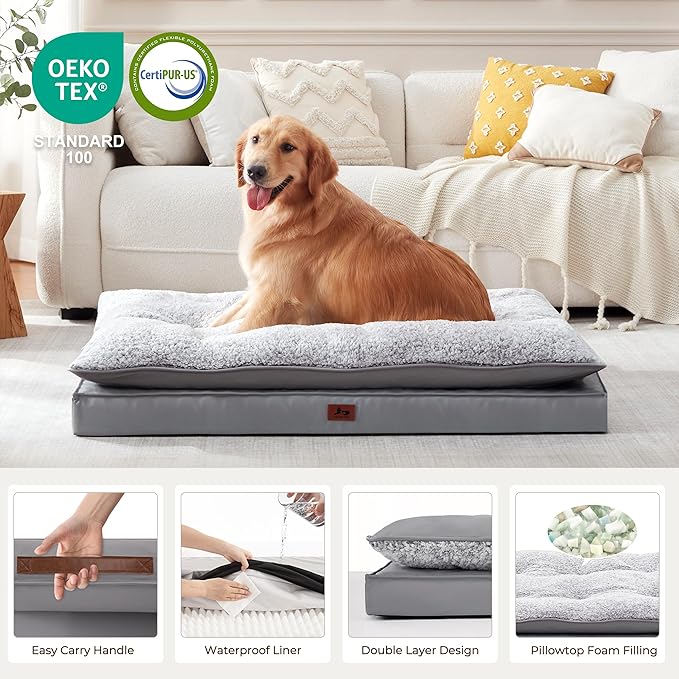 2-Pack XL Waterproof Dog Bed Large Size Dogs, Plush Cushion & Orthopedic Egg-Crate Foam Mattress for Senior Dogs, Washable Dog Crate Bed with Removable Cover, Dark Grey