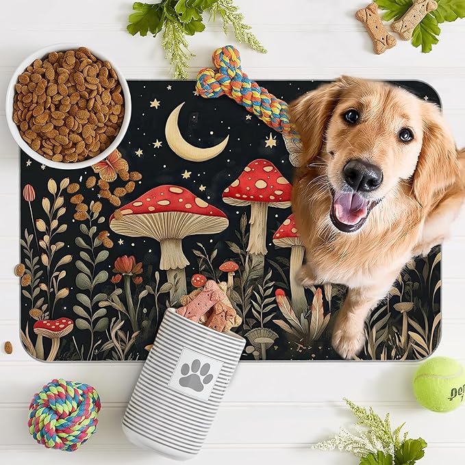 Red Mushrooms Pet Feeding Mat,Wildflower Plant Butterfly Absorbent Quick-Dry Cat Dog Food and Water Bowl Mats,Non-Slip Rubber Backing Mat,Cat Dog Accessories Supplies 12"x20"