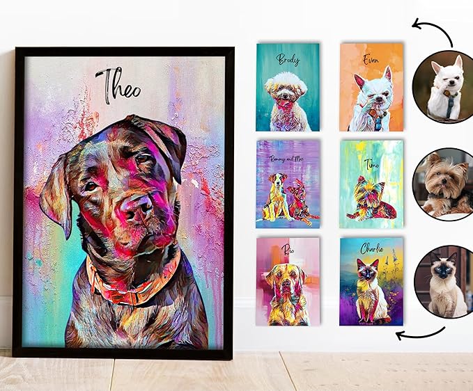 Julyly POD Custom Dog Portrait, Personalized Canvas Wall Art with Name, Whimsical Painting Decor, Pet Portrait from Photo, Cat Poster, Pet Memorial Gift, Birthday, Christmas Gift for Dog Lovers