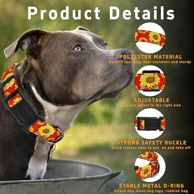 Dog Collar, Floral Boys Girls Puppy Collar for Small Medium Large Dogs, Adjustable Soft Pet Collar with Safety Buckle for Male Females (Red Sunflower, XL)