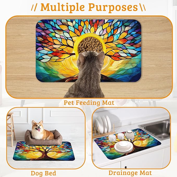 Tree of Life Feeding Mat,Colorful Tree Absorbent Quick-Dry Cat Dog Food and Water Bowl Mats,Non-Slip Rubber Backing Mat,Cat Dog Accessories Supplies 16" x 24"