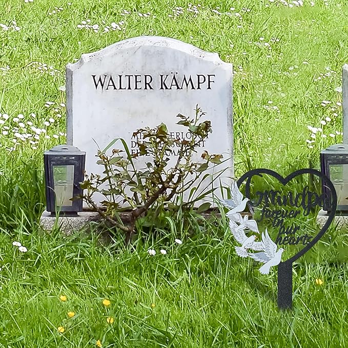 BUoonyer Stake Graves Cemetery Decorations - Grandpa Metal Memorial Grave Markers, Grandfather Heart Graveyard Sympathy Plaque, Dove Remembrance Graveside Burial Decor Sign for Outside Yard Garden