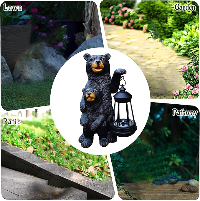 Black Bear Solar Lantern Garden Statues，Loving Bear Figurine Lights for Outside Decoration ,Lawn Outdoor Decor for Patio,Balcony,Yard-Unique Gift for Grandma Wowen Mom