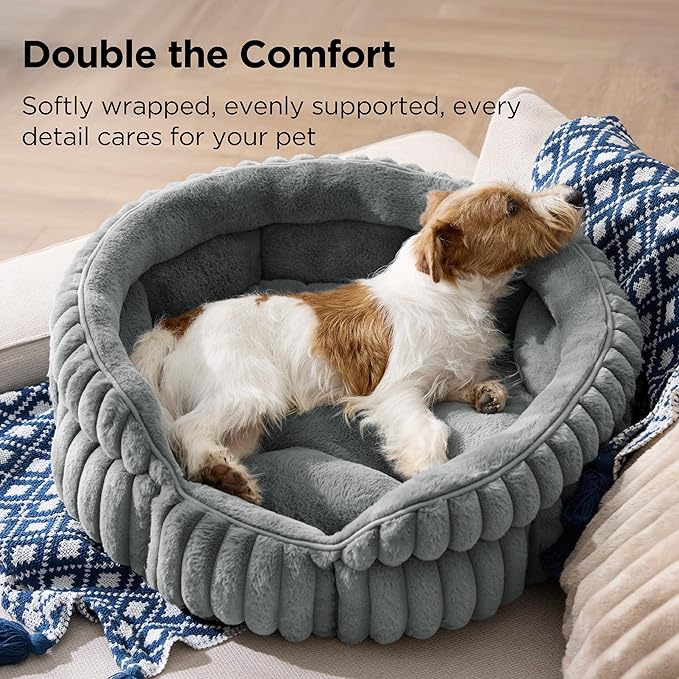 Bedsure ComfyFleece™ Medium Dog Bed, Washable Cute Pet Bed, Super Soft Corduroy Round Cat Bed with Anti-Slip Bottom, 26''x26''x9'', Warm Gray
