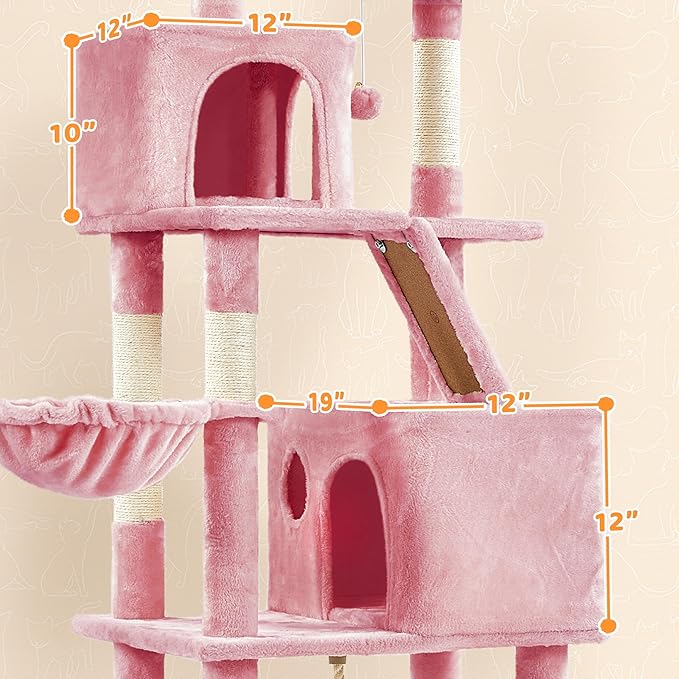 Yaheetech Cat Tree, 82.5in Super Tall Tower w/Cute Top Perches, Scratching Posts, 2-in-1 Ramps, Cozy Basket, Extra Large Condo for Indoor Kittens, Pink