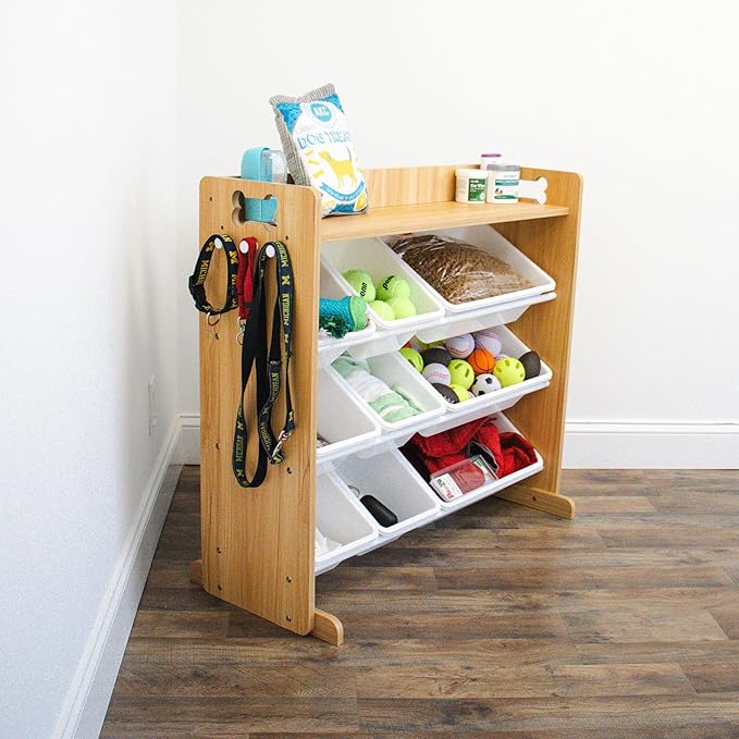 Humble Crew Aspen Pet Supplies Organizer with Shelf and 9 Storage Bins – Natural Wood Frame with White Bins, Hooks & Bone Cutout Handles for Dogs, Cats & Small Pets