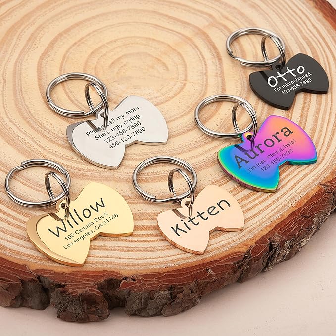 Anavia Personalized Pet ID Tags, Stainless Steel Glossy Laser Engraved Dog Cat Collar Name Tags, Multiple Colors Shapes Sizes (Bow Tie, Small)