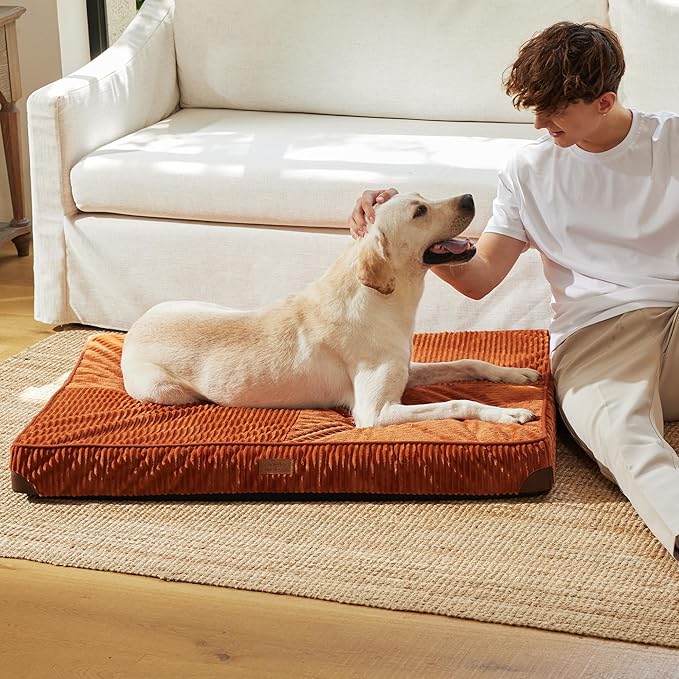 FFUKUMARU Dog Bed, Thickened Corduroy Orthopedic Dog Beds with Washable Cover, XL Waterproof Dogs Bed for Crate, 28D Egg Crate Foam Support Pet Mat, Cozy Pet Bed Pad with Anti-Slip Bottom, Orange