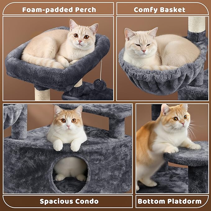Yaheetech 46in Cat Tree Tower | Multi-Level Indoor Activity Center with Spacious Condos, Scratching Posts, Large Top Plush Perch | Sturdy, Easy to Assemble | for Kittens, Adult & Senior Cats