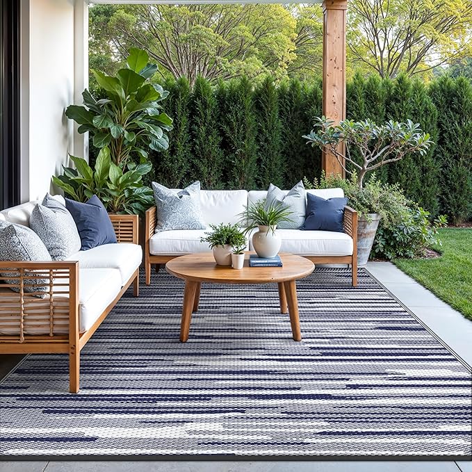 GENIMO Outdoor Rug for Patio Clearance, 9'x12' Waterproof Camping Mat, Reversible Plastic Straw Rugs for RV, Camper, Balcony, Backyard, Picnic, Deck (Blue White)
