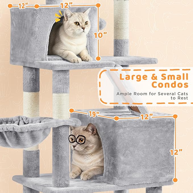 Yaheetech Cat Tree, 82.5in Large Tower w/Hammock, 2 Kitty-Ear Perches, 2 Cozy Condos, Scratching Posts, Basket, Furniture for Large Cats, Kittens, Light Gray