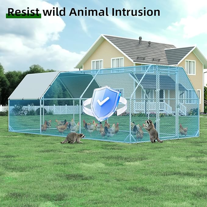 Large Metal Chicken Coop, Walk-in Chicken Run with Reinforced Wire Mesh, Water-Resistant & Anti-UV Cover, Poultry Cage for Hens, Ducks and Rabbits, Outdoor Backyard Farm Pen, 9.2’Lx18.7’Wx6.4’H