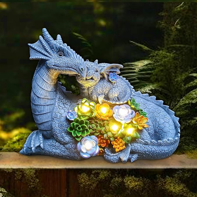 Dragon Solar Garden Statues Outdoor Decoration with Succulent and 6 LED Lights,Dragon Figurine Solar Lights Lawn Décor,Outside Statue Ornament for Patio, Balcony, Yard,Unique Gift for Mom
