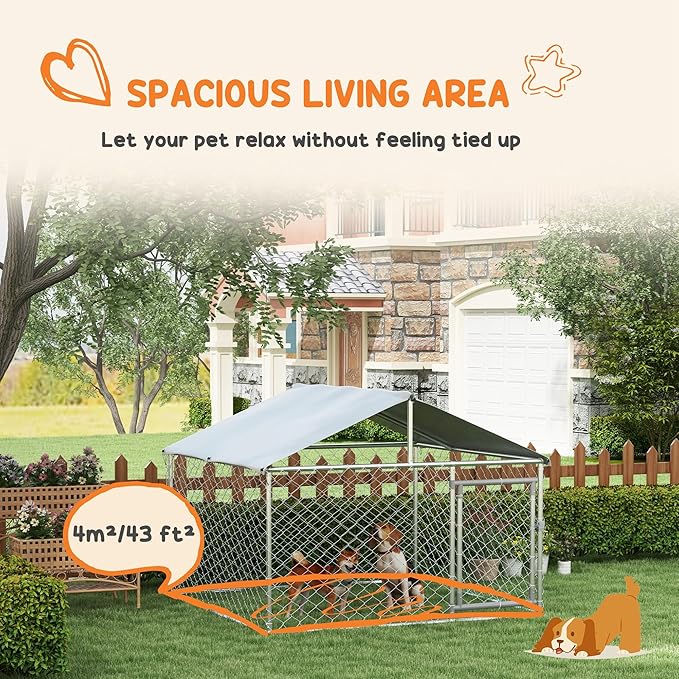 PawHut Outdoor Dog Kennel, Heavy Duty Dog Run Outdoor Fence with Waterproof Cover, Galvanized Chain Link, Secure Lock, for Large Breeds, Chickens, Ducks, 6.5' x 6.5' x 5'