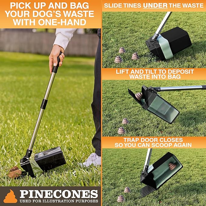 Neater Pet Brands Lift N’ Bag 2.0 Dog Pooper Scooper with Bag Attachment & 22" Pole for Small to Large Dogs, New & Improved Design, 195 Refill Bags, Heavy Duty Dog Poop Scooper for Yard, One-Hand Use