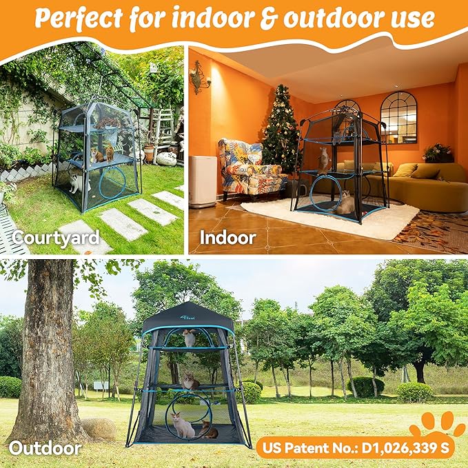 Cat Enclosure Kitten and Cat Tower Tent for Indoor and Outdoor,3 Tier Cat Cage Inside, X-Large Outdoor Catio,Portable and Foldable,Two Doors Design can Assemble More Shapes (Patented)