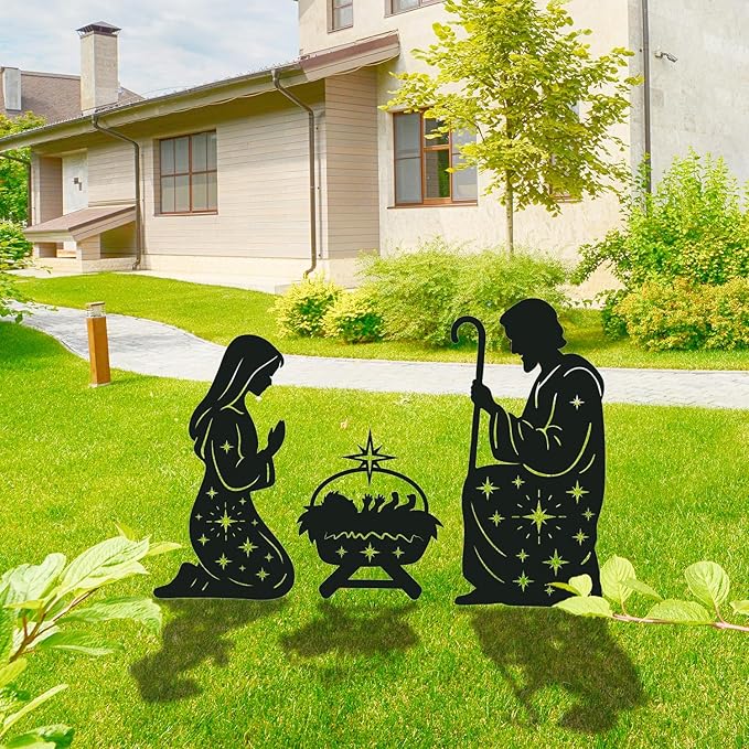 Outdoor Nativity Scene Garden Stakes Decorations, 3PCS Metal Silhouette Outdoor Nativity Set Garden Decor, for Yard Patio Lawn Garden Pathway