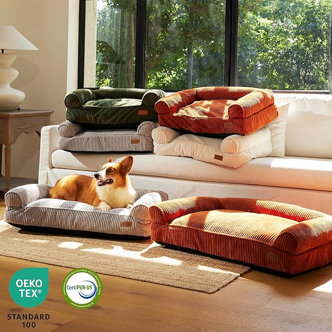 FUKUMARU Dog Couch Bed, Corduroy Cozy Cat Bed for Indoor Cats with Washable Cover, 28in Waterproof Orthopedic Dog Beds Sofa for Small Dogs and Large Cats, Cute Warm Cotton Pet Sofa, Orange