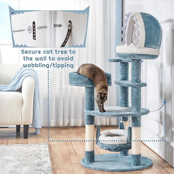 Yaheetech 45.5in Ocean-Themed Cat Tree Multi-Level Cat Tower, Plush Pet Furniture with Shark's Mouth-Shaped Nest, Sea Star-Shaped Perch, Jellyfish-Style Hammock for Indoor Kitty