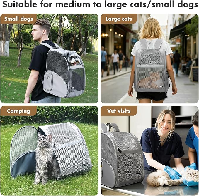 Pet Backpack Carrier ，Large Cat Carrier Backpack Up to 20 Lbs with Breathable Mesh, for Medium Large Cats or Small Dogs, Travel Hiking Camping Backpack (Gray-XL)