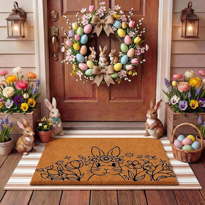 Tinideya 2 Pcs Easter Day Door Mat Welcome Outdoor Non Slip Coir Mats Flower and Bunny Floor Layering Doormats Seasonal for Front Porch Entryway Decor (Easter Bunny)