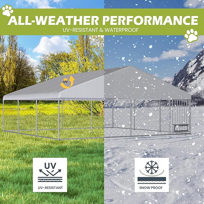 15FTx15FT Outdoor Dog Kennel with Roof, Outside Dog Run Fence with Rotated Dog Bowls, Large Dog House Pen Enclosure with Secure Lock&Textilene Door
