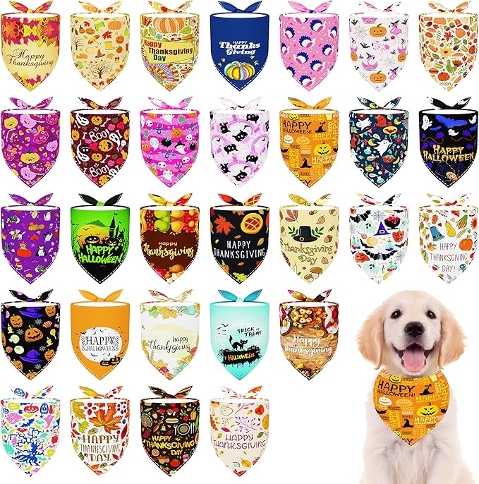 30 Pcs Halloween Thanksgiving Dog Bandanas Bulk Stitch Dog Bandanas for Small Medium Dogs Polyester Scarves Large Puppy Cats Party Grooming M