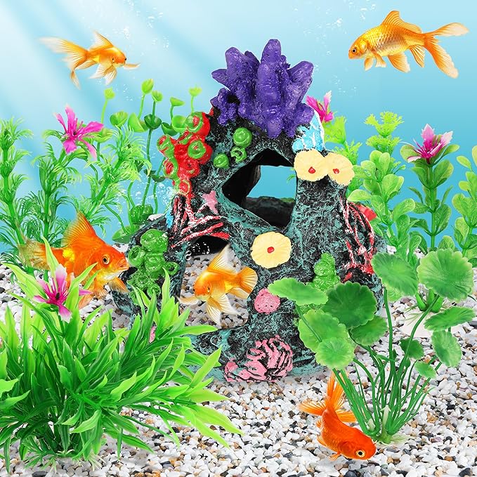MyLifeUNIT Fish Tank Decorations, 7 Pieces Aquarium Plants Set with Coral Reef Decoration Mountain Cave Ornament for Betta, Goldfish, Shrimp to Breed, Play and Rest (Green)