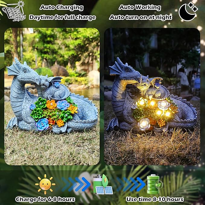Dragon Solar Garden Statues Outdoor Decoration with Succulent and 6 LED Lights,Dragon Figurine Solar Lights Lawn Décor,Outside Statue Ornament for Patio, Balcony, Yard,Unique Gift for Mom