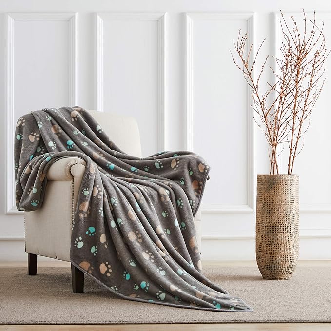 Allisandro 350 GSM-Super Soft and Premium Fuzzy Flannel Fleece Pet Dog Blanket, The Cute Print Design Washable Fluffy Blanket for Puppy Cat Kitten Indoor Outdoor, Grey, 40 x 32 Inches