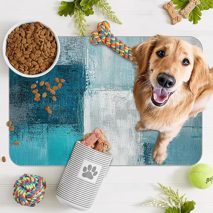 Turquoise Grey Dog Cat Food Mat,Teal Modern Art Absorbent Pet Feeding Mat for Food and Water,Non-Slip Dog Bowl Mats Floor Protector 12"x20"