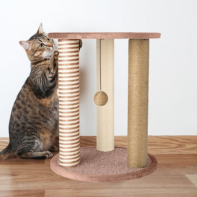 Cat Scratching Post - 3 Scratcher Posts with Carpeted Base Play Area and Perch - Furniture Scratching Deterrent for Indoor Cats by PETMAKER (Brown), Large