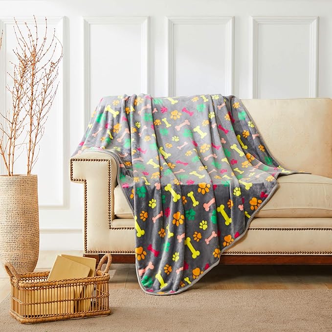 Allisandro Luxurious Dog Blanket, 350 GSM Super Fuzzy Microplush Fleece Pet Blankets for Small Medium Large Dogs and Cats, Vivid Paw and Bone, 64 x 40 Inches