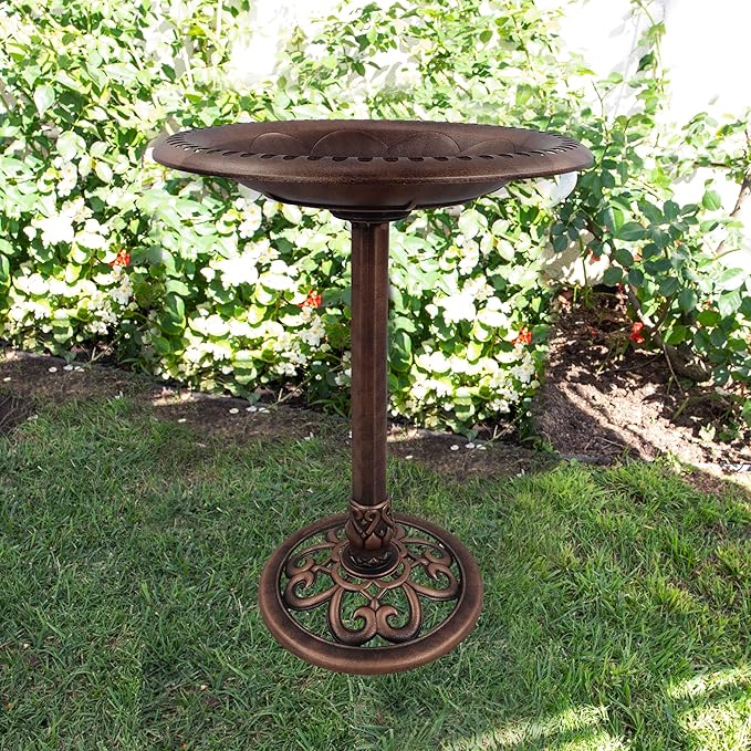 Alpine Corporation | 28" Bronze Outdoor Pedestal Birdbath with Scrollwork Base and Ground Stakes — Elegant Garden Décor, Durable Weather-Resistant Design for Lawn, Patio, or Yard