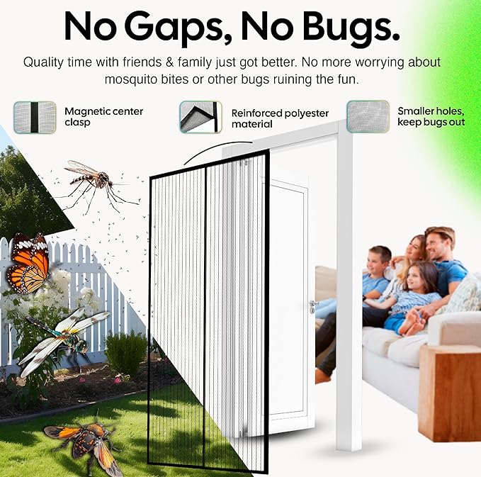 UnBugs Magnetic Screen Door - Fits Doors up to 38 x 82 Inches MAX - Pet & Kid Friendly, Self-Closing - Hands Free Magnet Closure Keeps Bugs Out & Breeze in