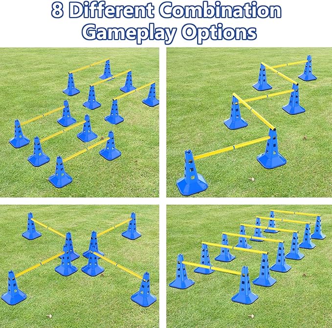 Dog Agility Hurdle Cone Set, Adjustable Height Dog Agility Course for Backyard Training, 12 Cones with PVC Crossbar, 4 Height Levels (12 Pack)