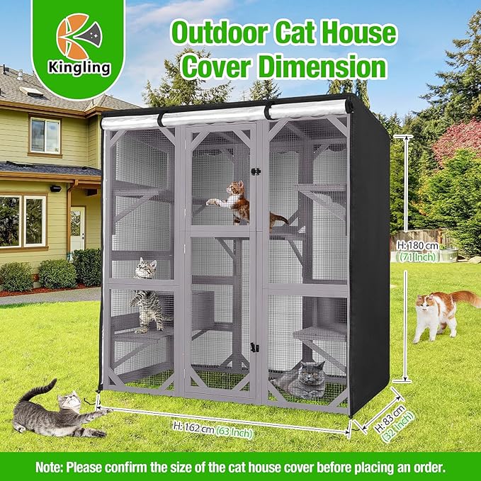 Kingling Outdoor Cat House Cover for Winter, Waterproof and Dustproof Protection Cover for Large Cat Cage Condo Black - 63" L x 32" W x 71" H inch(Cover Only)