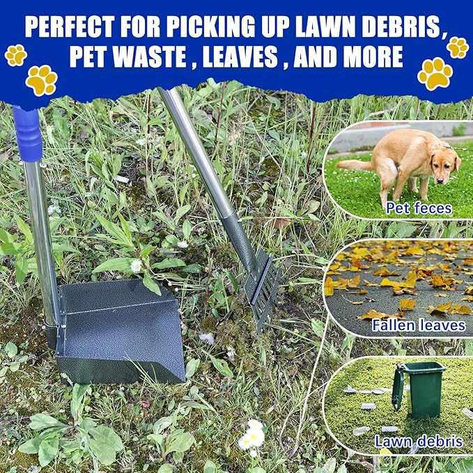 Pooper Scooper for Dogs, Dog Pooper Scooper Long Handle, Height Adjustable Pet Pooper Scooper, Poop Scoop Shovel, Detachable Rake and Tray Set Pet Waste Removal on Grass Dirt and Gravel