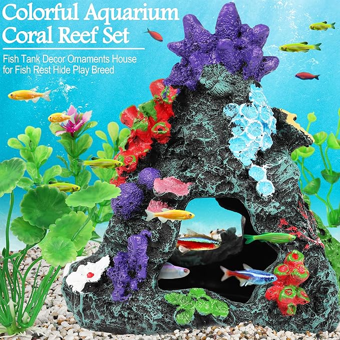 MyLifeUNIT Fish Tank Decorations, 7 Pieces Aquarium Plants Set with Coral Reef Decoration Mountain Cave Ornament for Betta, Goldfish, Shrimp to Breed, Play and Rest (Green)